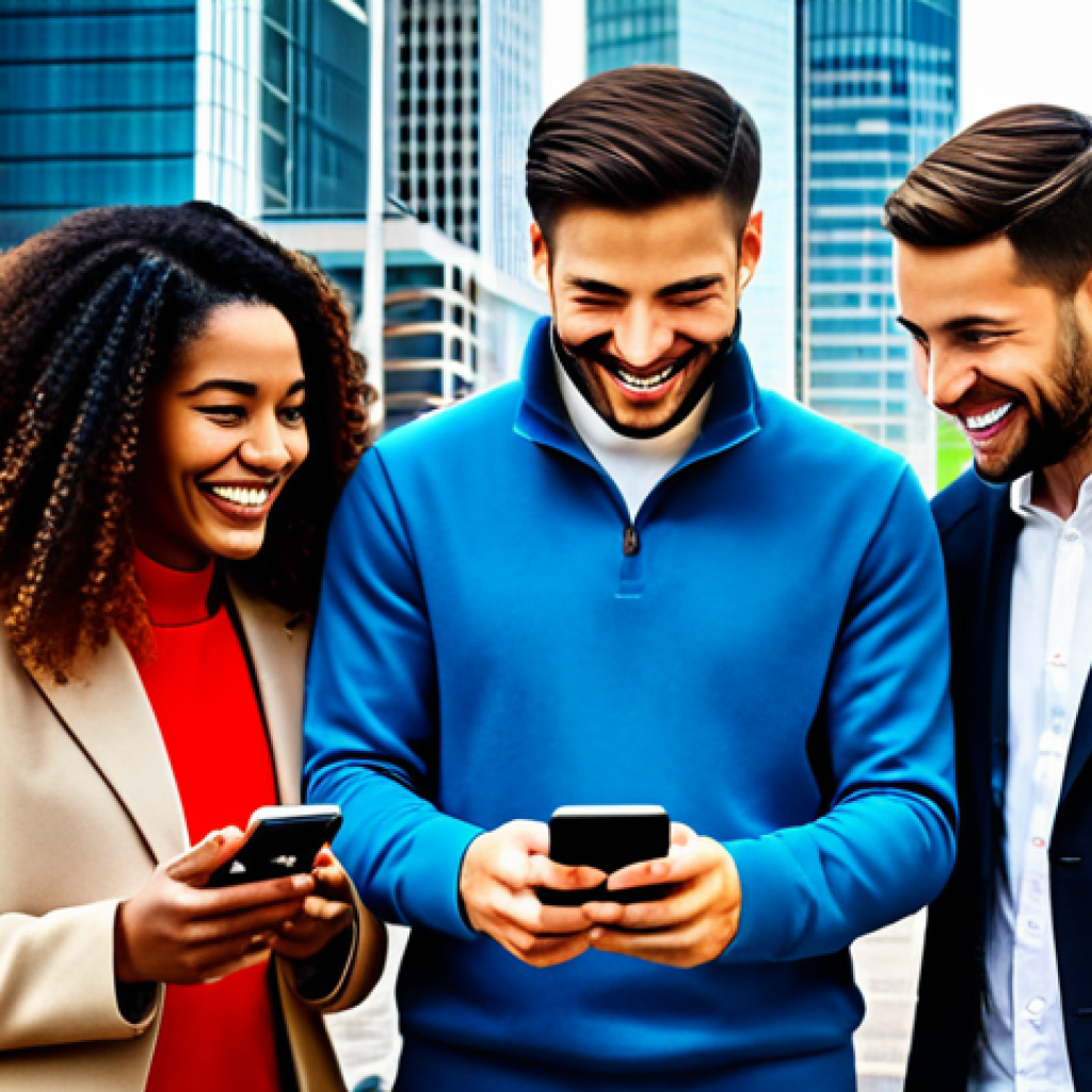 가치중심 기술과 핀테크의 융합 - Fintech Empowerment**
"A diverse group of people smiling and looking at their smartphones, surround...