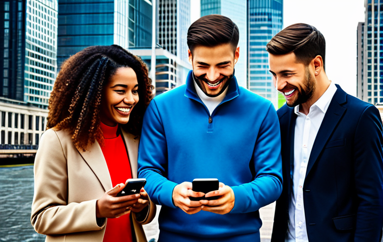 가치중심 기술과 핀테크의 융합 - Fintech Empowerment**
"A diverse group of people smiling and looking at their smartphones, surround...