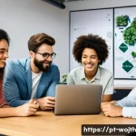 Home 19 가치중심 기술의 비즈니스 혁신 사례 - A modern Brazilian startup office scene showing a diverse team of young professionals collaborating ...