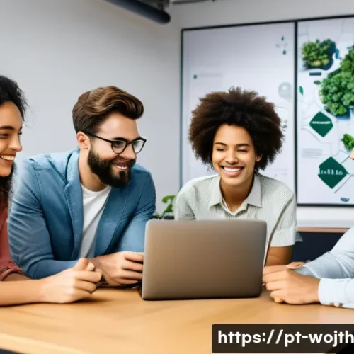 Home 31 가치중심 기술의 비즈니스 혁신 사례 - A modern Brazilian startup office scene showing a diverse team of young professionals collaborating ...