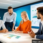 Home 18 가치중심 기술 선택의 성과 분석 - A modern corporate office scene showing a diverse team of professionals collaborating around a large...